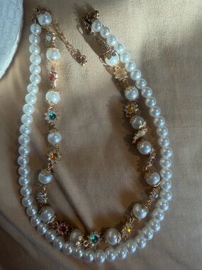 Elegant Double-Strand Pearl Necklace with Multicolor Crystal Accents